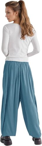 Womens Linen Wide Leg Palazzo Pants Casual Loose Elastic Drawstring Summer Beach Vacation Harem Pants with Pockets in Kuwait