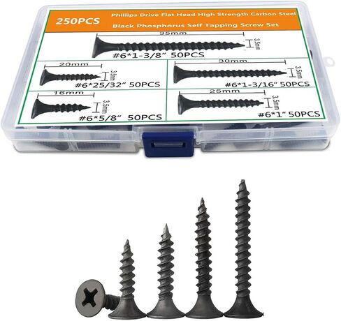 Wood Screws Assortment Kit, 250PCS High Hardness Flat Head Wood Screws Set, Phillips Drive Assorted Screws, 5 Size (1-3/8"，1-3/16"，1"，25/32"，5/8")，Black in Saudi Arabia