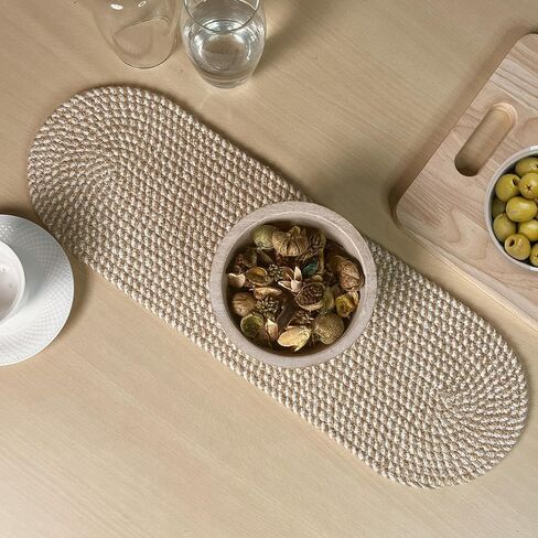 CHARDIN HOME Oval Jute & Cotton Woven Braided Table Runner, Size -8 x 24 Inches, Color - Natural Jute & White. in Kuwait