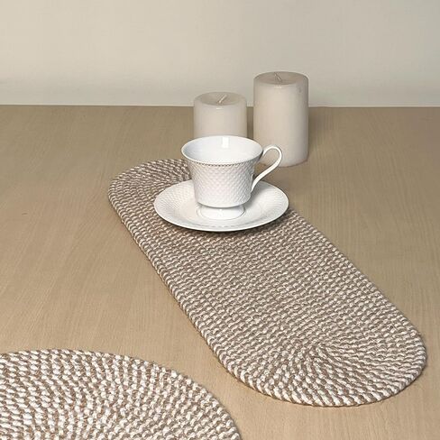 CHARDIN HOME Oval Jute & Cotton Woven Braided Table Runner, Size -8 x 24 Inches, Color - Natural Jute & White. in Kuwait
