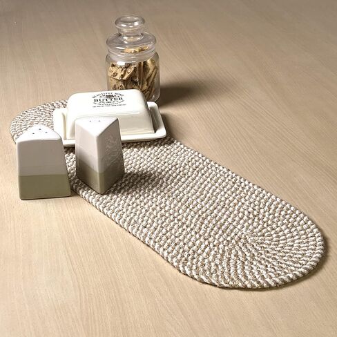 CHARDIN HOME Oval Jute & Cotton Woven Braided Table Runner, Size -8 x 24 Inches, Color - Natural Jute & White. in Kuwait