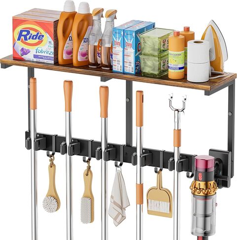 Broom Holder Wall Mount with Cleaning Supplies Organizer, Laundry Room Organization and Storage Shelves with Mop Hanger Rack Gripper Hooks, Utility Shelf Closet Organizer for Home Garage Kitchen in Kuwait