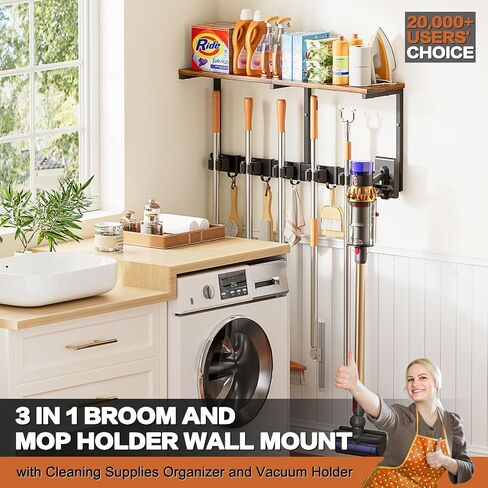 Broom Holder Wall Mount with Cleaning Supplies Organizer, Laundry Room Organization and Storage Shelves with Mop Hanger Rack Gripper Hooks, Utility Shelf Closet Organizer for Home Garage Kitchen in Kuwait