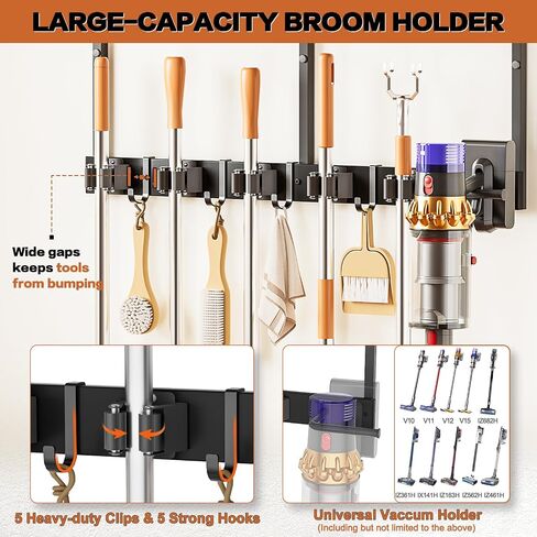 Broom Holder Wall Mount with Cleaning Supplies Organizer, Laundry Room Organization and Storage Shelves with Mop Hanger Rack Gripper Hooks, Utility Shelf Closet Organizer for Home Garage Kitchen in Kuwait