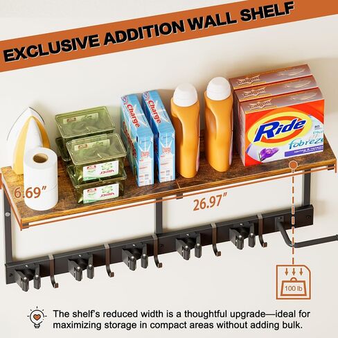 Broom Holder Wall Mount with Cleaning Supplies Organizer, Laundry Room Organization and Storage Shelves with Mop Hanger Rack Gripper Hooks, Utility Shelf Closet Organizer for Home Garage Kitchen in Kuwait
