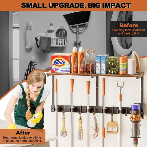 Broom Holder Wall Mount with Cleaning Supplies Organizer, Laundry Room Organization and Storage Shelves with Mop Hanger Rack Gripper Hooks, Utility Shelf Closet Organizer for Home Garage Kitchen in Kuwait