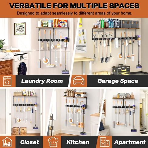 Broom Holder Wall Mount with Cleaning Supplies Organizer, Laundry Room Organization and Storage Shelves with Mop Hanger Rack Gripper Hooks, Utility Shelf Closet Organizer for Home Garage Kitchen in Kuwait