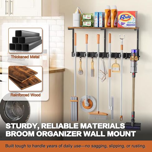 Broom Holder Wall Mount with Cleaning Supplies Organizer, Laundry Room Organization and Storage Shelves with Mop Hanger Rack Gripper Hooks, Utility Shelf Closet Organizer for Home Garage Kitchen in Kuwait
