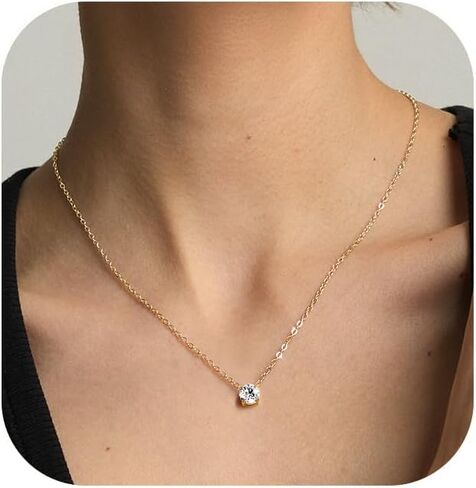 Wssxc Plated Crystal Solitaire 1.5 Carat (7mm) Cubic Zirconia Dainty Choker Necklace | Gold Necklaces for Women in Kuwait