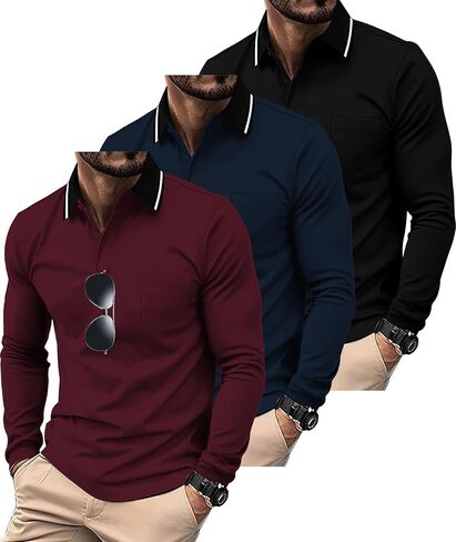 Zity 3 Pack Men Polo قمصان طويلة بأكمام طويلة مع قمصان الجولف جيب للرجال عمل غير رسمي قمصان رياضية in Saudi Arabia