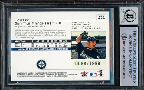Ichiro Suzuki تم توقيع 2001 بطاقة Fleer Premium Rookie #231 Seattle Mariners GEM GEM MINT 10 "01 ROY/MVP" #88/1999 Beckett Bas #15093563 - Baseball Slabbed Cardsed Cards in Saudi Arabia