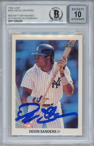 Deion Sanders Autographed/Signed 1990 Leaf Rookie Card BAS 10 Slab 33892 - Football Slabbed Autographed Rookie Cards in Saudi Arabia