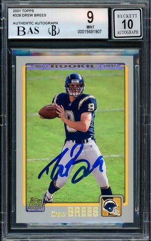 Drew Brees Motographed 2001 Topps Rookie Card #328 San Diego Chargers BGS 9 Auto Grade Gem Mint 10 Beckett Bas Stock #216466 - كرة القدم بطاقات الصاعد الموقعة in Saudi Arabia