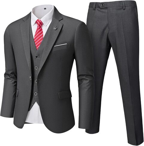 MrSure Men’s 3 Pieces Suit, Slim Fit Tuxedo with One Button, Jacket Vest Pants & Tie Set for Party, Wedding and Business in Saudi Arabia