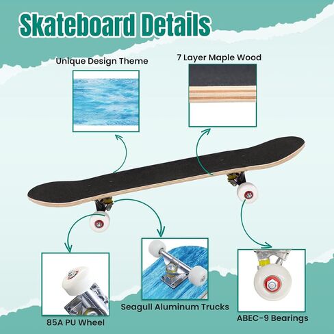 Skateboards Seamless Blue White Black Fashion Camouflage 7 Layer Maple Wood Deck 31" x 8" Double Kick Concave Complete Tricks Skateboard for Beginners Teens Kids Adults in Saudi Arabia