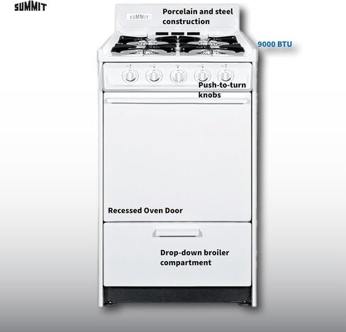 Summit Appliance WLM110P 20" Wide Propane Gas Range, White; Battery Start Ignition; 4 Open Burners; Broiler Compartment; Adjustable Oven Racks; Anti-Tip Bracket; Removable Oven Door And Range Top in Saudi Arabia