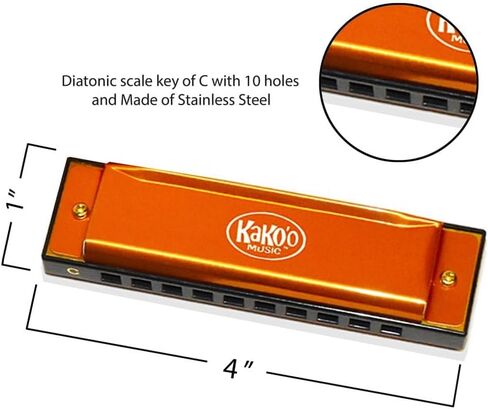 Kako'o Music Kako'o: Classic Metal Harmonica - Orange - 4 'Harmonica يأتي مع علبة التخزين ، قماش الألياف الدقيقة ، ودليل التعليم - الآلة الموسيقية ، الأعمار 5+ in Saudi Arabia