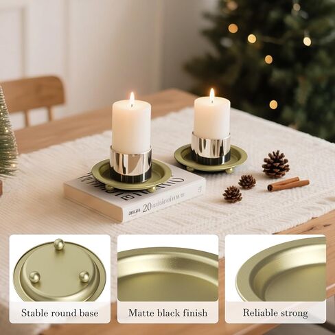 Black Candle Candlestick Holder Decor, 4.13 Inch Round Candles Tray Holders Set of 2, Iron Plate Candle Stand for Pillar Ball Candles, Metal Porta Velas for Home Decor Table Centerpiece in Saudi Arabia