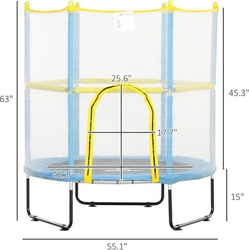 QABA 4.6 قدم الترامبولين للأطفال ، 55 "Toddler Trampoline مع شبكة حاوية الأمان ، وترامبولين داخلي في الهواء الطلق لمدة 3-6 سنوات ، هدايا للبنين والبنات ، الأزرق الفاتح in Saudi Arabia