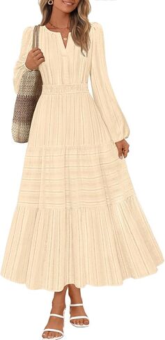 MEROKEETY Women's 2025 Fall Long Sleeve Maxi Dress V Neck Elastic Waist Flowy Tiered Boho Casual Dresses with Pockets in Saudi Arabia