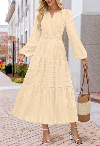MEROKEETY Women's 2025 Fall Long Sleeve Maxi Dress V Neck Elastic Waist Flowy Tiered Boho Casual Dresses with Pockets in Saudi Arabia