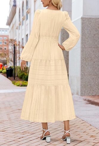 MEROKEETY Women's 2025 Fall Long Sleeve Maxi Dress V Neck Elastic Waist Flowy Tiered Boho Casual Dresses with Pockets in Saudi Arabia