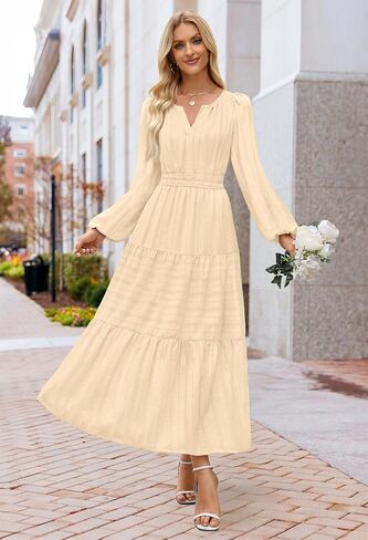 MEROKEETY Women's 2025 Fall Long Sleeve Maxi Dress V Neck Elastic Waist Flowy Tiered Boho Casual Dresses with Pockets in Saudi Arabia