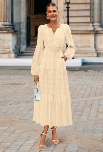 MEROKEETY Women's 2025 Fall Long Sleeve Maxi Dress V Neck Elastic Waist Flowy Tiered Boho Casual Dresses with Pockets in Saudi Arabia