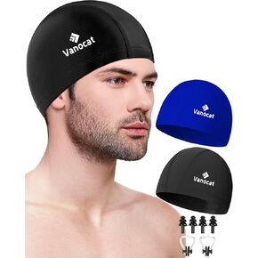 2 Pack Fabric Swim Caps for Women Men, High Elasticity Spandex Swimming Caps for Long/Short Hair, Comfortable Swim Hats with Ear Plugs & Nose Clip-1 in Saudi Arabia