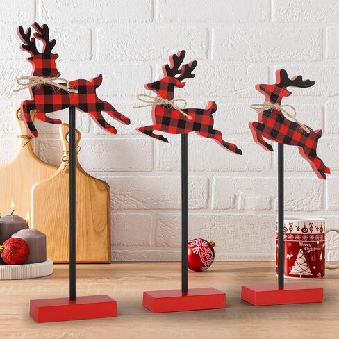 3 Pieces Christmas Table Decorations Wood Reindeer Set, White Christmas Tiered Tray Decor,Rustic Winter Christmas Reindeer Table Decorations for Home(White) in Saudi Arabia
