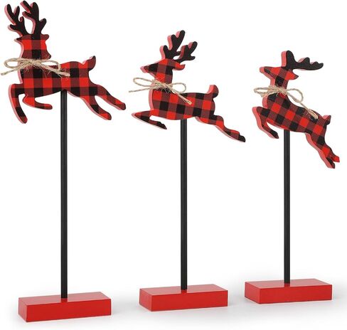 3 Pieces Christmas Table Decorations Wood Reindeer Set, White Christmas Tiered Tray Decor,Rustic Winter Christmas Reindeer Table Decorations for Home(White) in Saudi Arabia