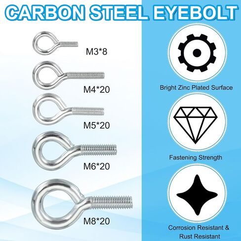 PATIKIL M3x8mm Eye Bolts, 10 Pcs Carbon Steel Threaded Eyebolt Eye Hooks Screws with Nut for Hanging or Securing Cables Silver in Saudi Arabia