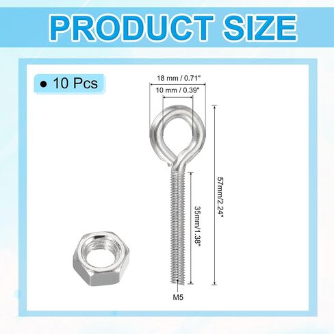 PATIKIL M3x8mm Eye Bolts, 10 Pcs Carbon Steel Threaded Eyebolt Eye Hooks Screws with Nut for Hanging or Securing Cables Silver in Saudi Arabia