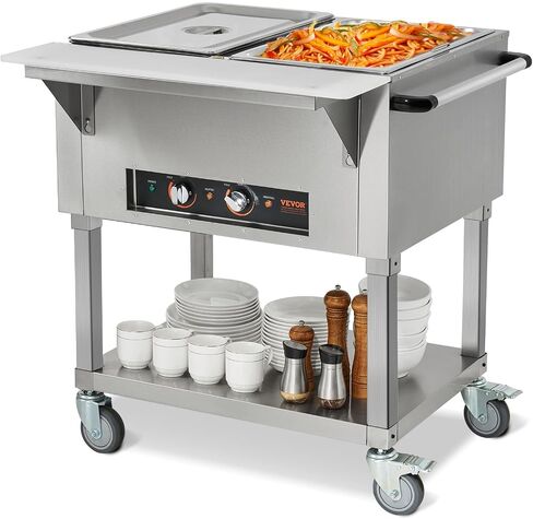 VEVOR Commercial Food Warmer, 2000W Electric Steam Table with 4 x 20.6QT Pans, Versatile Food-Grade Stainless Steel Server with Countertop & Shelf, Movable Buffet Catering Warmer for Party Restaurant in Saudi Arabia