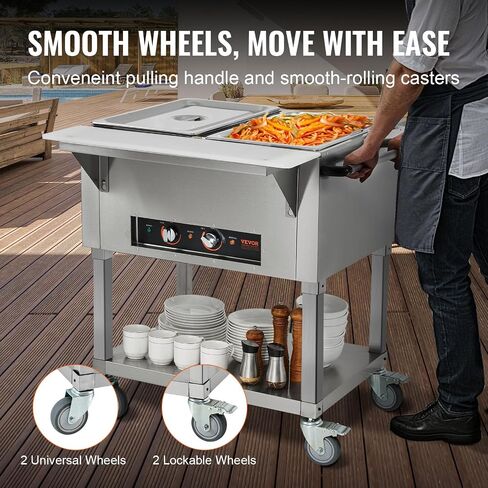 VEVOR Commercial Food Warmer, 2000W Electric Steam Table with 4 x 20.6QT Pans, Versatile Food-Grade Stainless Steel Server with Countertop & Shelf, Movable Buffet Catering Warmer for Party Restaurant in Saudi Arabia