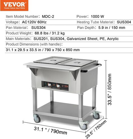 VEVOR Commercial Food Warmer, 2000W Electric Steam Table with 4 x 20.6QT Pans, Versatile Food-Grade Stainless Steel Server with Countertop & Shelf, Movable Buffet Catering Warmer for Party Restaurant in Saudi Arabia
