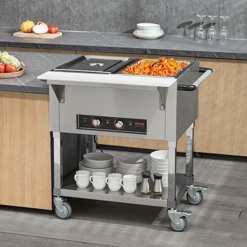 VEVOR Commercial Food Warmer, 2000W Electric Steam Table with 4 x 20.6QT Pans, Versatile Food-Grade Stainless Steel Server with Countertop & Shelf, Movable Buffet Catering Warmer for Party Restaurant in Saudi Arabia