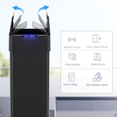 TLSUNNY 16 جالون سلة المهملات التلقائي ، صندوق القمامة المستشعر للحركة الفولاذ المقاوم للصدأ ، سلة المهملات الذكية مع غطاء الفراشة ، حلقة التجنيب حقيبة وارضى ضوء لغرفة المعيشة ، المطبخ ، المكتب (الأسود ، 60 لتر) in Kuwait