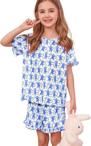 SWOMOG Girls Pajama Set Short Sleeve Tops & Ruffled Shorts with Pocket 2 Piece Summer Pajamas for Kids Size 6-15 in Saudi Arabia
