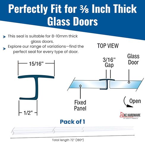 CBW Frameless Shower Door Side Seal Strip H-Type 180 Degree 72'' Length, Clear (1, 3/8'' Glass) in Saudi Arabia