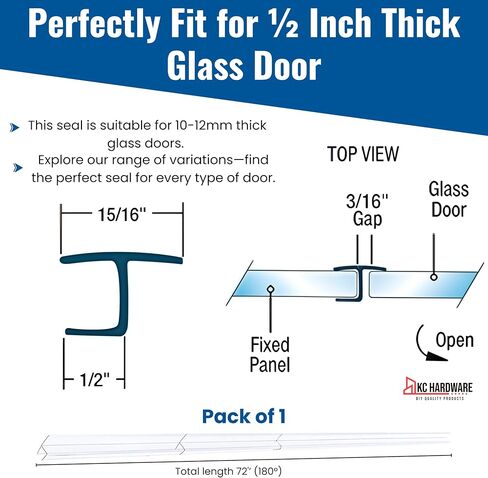 CBW Frameless Shower Door Side Seal Strip H-Type 180 Degree 72'' Length, Clear (1, 3/8'' Glass) in Saudi Arabia