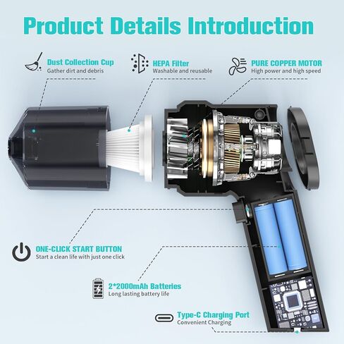 Handheld Mini Car Vacuum, 10000PA Cordless Portable Vacuum with 2000mAh Battery, 3 in 1 small Vacuum Cleaner & Air Duster with Type-C Charging, Compact & Lightweight for Car, Home, Kitchen (Black) in Kuwait