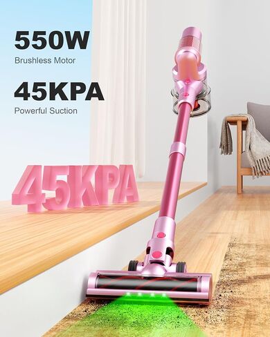 Pink Cordless Vacuum Cleaner, 45Kpa/550W/60 Mins Runtime Stick Vacuum with Self-Standing and Touch Screen, Anti-Tangle Wireless Vacumm, Vacuum Cleaners for Home/Pet Hair/Carpets/Floors in Saudi Arabia