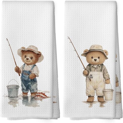 Bear Fishing Kids Hand Towels Set of 2, Gifts for Fishing Lovers Hand Towel for Kids Bathroom, Bear Nursery Decor Kitchen Tea Towels Dish Towel, 16x24 Inch in Saudi Arabia