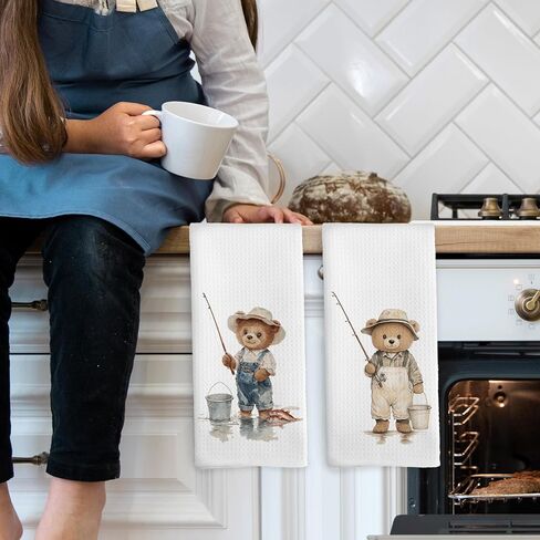 Bear Fishing Kids Hand Towels Set of 2, Gifts for Fishing Lovers Hand Towel for Kids Bathroom, Bear Nursery Decor Kitchen Tea Towels Dish Towel, 16x24 Inch in Saudi Arabia