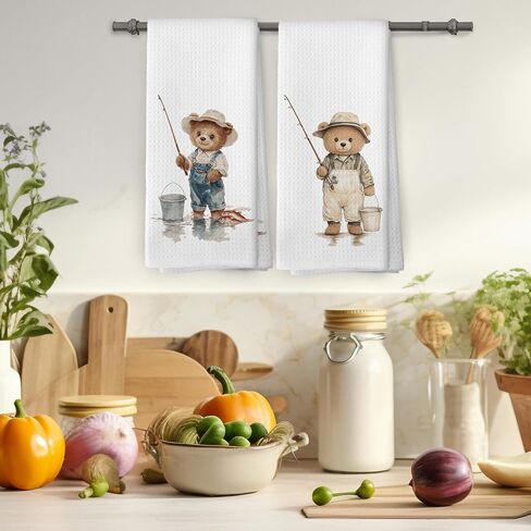Bear Fishing Kids Hand Towels Set of 2, Gifts for Fishing Lovers Hand Towel for Kids Bathroom, Bear Nursery Decor Kitchen Tea Towels Dish Towel, 16x24 Inch in Saudi Arabia