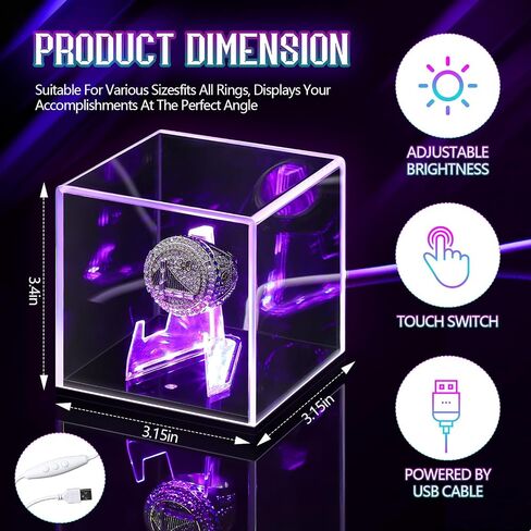 Acrylic Championship Ring Display Case with LED Light 7 Color Clear Ring Holder UV Protected Light up Display Box for Sports Basketball Baseball Souvenir Memorabilia Gift in Saudi Arabia