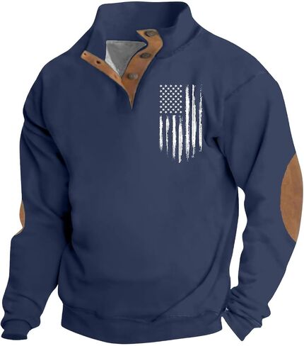 Mens Sweatshirt Flag Graphic Pullover Long Sleeve Stand Collar Button Down Sweatshirts for Men Fall Casual Tops in Saudi Arabia