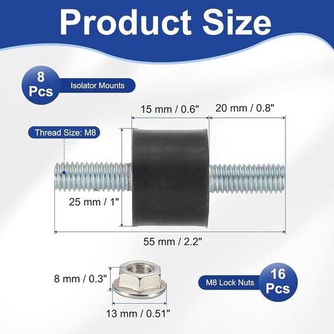 PATIKIL M8 25x15mm Rubber Isolator Mounts, 8 Pcs Rubber Studs Shock Absorber Anti-Vibration Isolation Damping Mounts with Lock Nuts for Motor, Air Compressor, Engines (55mm Height) in Saudi Arabia