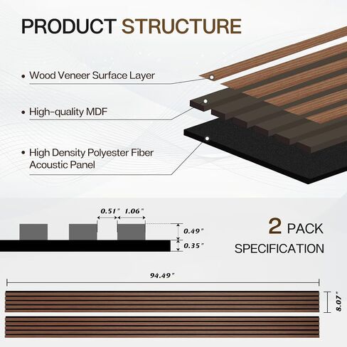 Wood Slat Wall Panels, 2 Pack Acoustic Panels 46.46" × 23.82", 3D Fluted Sound Absorbing Wall Panel for Home & Office Decor, Noise Reducing Interior Wall Treatment (Ebony) in Kuwait